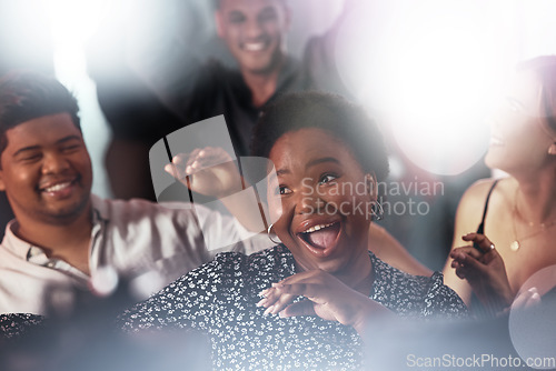 Image of Friends, black woman dancing on dance floor in party, nightclub event or bokeh disco at birthday celebration. Smile, happy or dancer people bonding in social gathering, concert or New Year festival