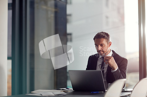 Image of Laptop, thinking and boardroom with a businessman at work on research for future company growth. Computer, idea and innovation with a male employee or manager in his office with review his strategy