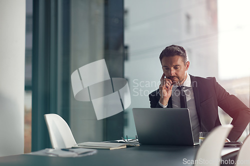 Image of Laptop, thinking and office with a businessman working on research for future company growth. Computer, idea and innovation with a male employee or manager in a boardroom with review his strategy