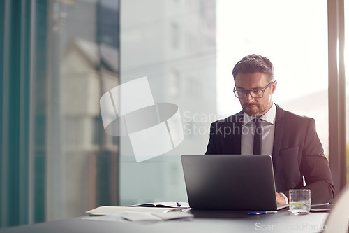 Image of Laptop, office and business man reading email, working on website and corporate planning. Schedule, software app and data analytics of a professional worker, ceo or executive on digital technology