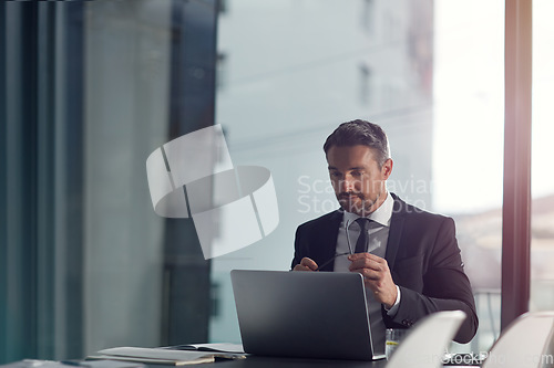 Image of Laptop, thinking and business man reading email, working on website and corporate planning. Schedule, hand holding glasses and vision of a professional worker, boss or executive on digital technology