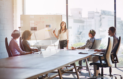 Image of Woman speaker, meeting and business people with board, innovation or planning for marketing strategy. Leader, presentation or workshop for goal, teamwork or analysis of data with diversity in team