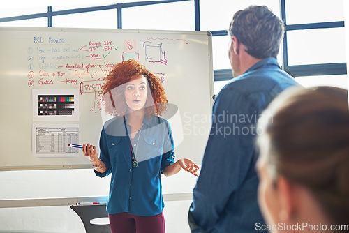 Image of Teaching, coaching and black woman with a brainstorming presentation for a strategy, goal and idea. Meeting, teamwork and creative woman in a workshop with a team writing sales ideas on a whiteboard