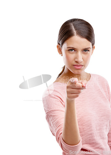 Image of Woman, pointing finger and standing isolated on a white background mockup alone, serious or choosing. Portrait of young female showing finger for decision or choice against a studio with attitude