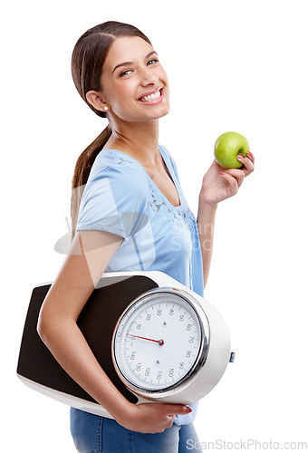 Image of Apple, scale and diet of woman isolated on white background in studio health, lose weight and portrait. Green fruit, healthy goals and model smile for detox results, food or wellness marketing mockup