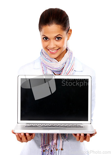 Image of Happy woman, portrait and laptop mockup on isolated white background for website branding, advertising and logo space. Digital technology, mock up and blank black screen for university student