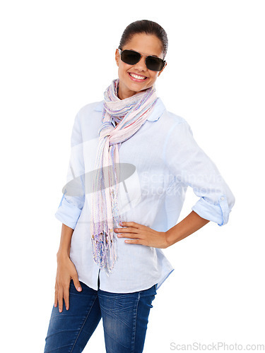 Image of Black woman, luxury sunglasses and portrait in studio for discount on cool glasses with a smile. Female model isolated on a white background posing happy with a positive mindset and fashion pose