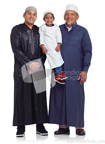 Image of Muslim, family and portrait grandfather, boy and father in studio for religion, mosque or bond on white background. Islam, generations and man group smile and happy together while standing isolated