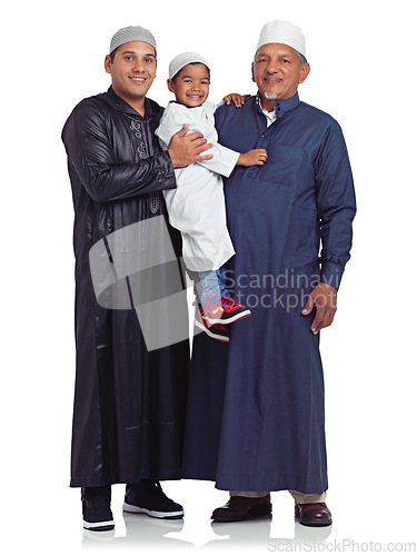 Image of Muslim, grandfather and boy with father in studio for family, portrait and bond on white background. Islam, happy and man group embrace, relax and standing together for religion, values and isolated