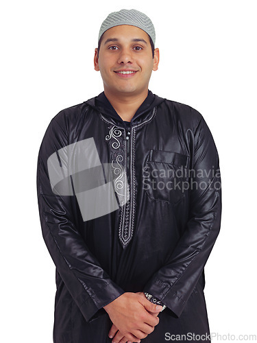 Image of Muslim man, smile and isolated on a white background standing with hands together for profile. Portrait of happy islamic or arabic male smiling in traditional clothing against white studio background