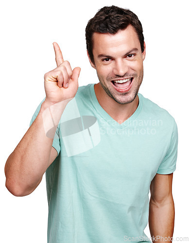 Image of Fashion, pointing finger and portrait of man for marketing, advertising and mockup isolated on white background. Branding, hand gesture and male model for message, announcement and text in studio