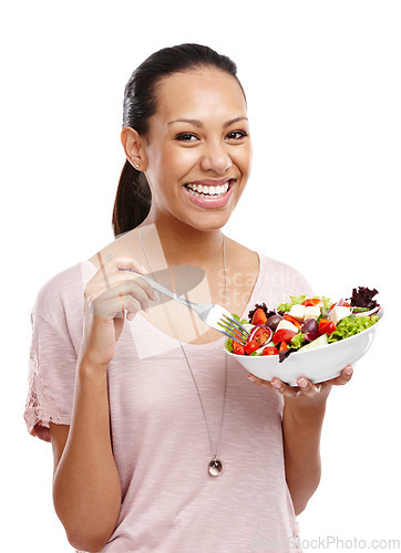 Image of Woman in portrait, eating salad and healthy with diet and nutrition, detox and wellness with food isolated on white background. Vegetables, organic and health motivation, weight loss and body care