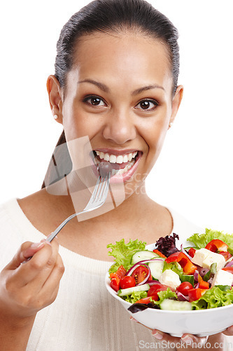 Image of Woman, face and eating salad with healthy food, diet and nutrition, detox and wellness isolated on white background. Vegetables, portrait and organic, health motivation zoom and vegan for weight loss