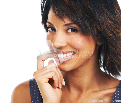 Image of Black woman biting finger, portrait and studio with a model isolated on a mockup white background. Face, branding and mock up with a shy young female posing on blank space for a marketing brand