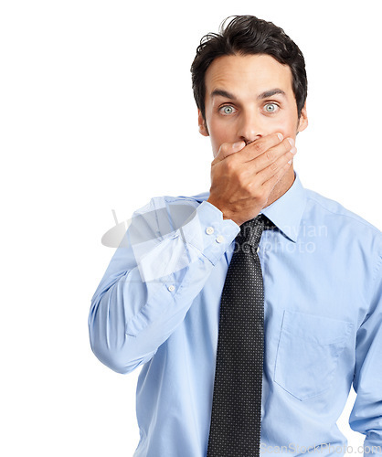 Image of Businessman portrait, shocked or hand over mouth on studio background for company gossip, secret news or mistake. Corporate worker, employee or surprised facial expression on white mock up backdrop