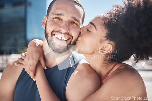 Image of Couple with fitness, kiss in portrait outdoor and love, exercise in city with motivation and health together. Black woman hug man, sports and training with partnership, commitment and relationship