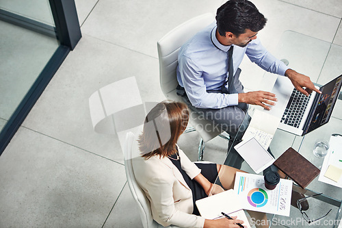 Image of Business meeting, corporate or business people with laptop for invest strategy, finance growth or financial review. Teamwork in office building planning, data analysis or economy data research search
