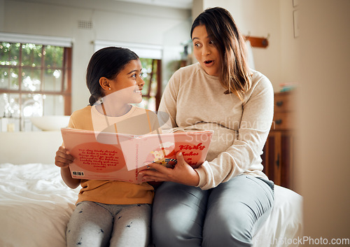 Image of Storytelling, pregnant mother and child learning, fun language activity and home bonding, love and care. Family, Indian people or mom and kid reading book for creative education and happy teaching