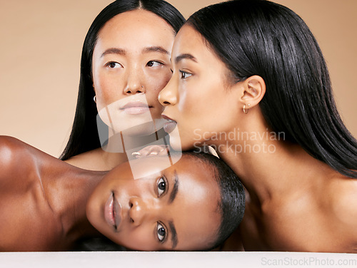 Image of Portrait, skincare or women with diversity, natural beauty or natural glow relaxing while isolated on studio background. Faces of beautiful girl models with dermatology cosmetics or facial products