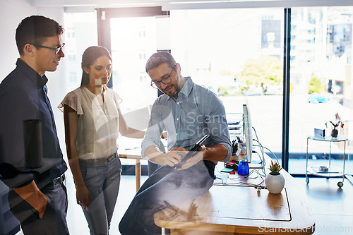 Image of Tablet pointing, business people and mentor coaching onboarding staff on stock market crypto investment. Forex account management, finance economy data and senior trader point at bitcoin NFT trading