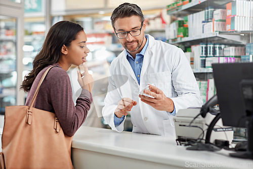 Image of Help, consulting and thinking pharmacy customer at counter for pharmacist expertise and assistance. Pharmaceutical advice, opinion and explanation of worker helping girl with medicine information