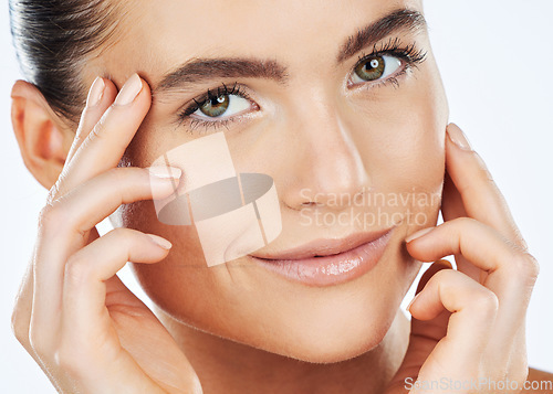 Image of Portrait, beauty and skincare with a woman in studio isolated on a white background closeup for natural treatment. Face, cosmetics or skin with an attractive young female on black space for antiaging