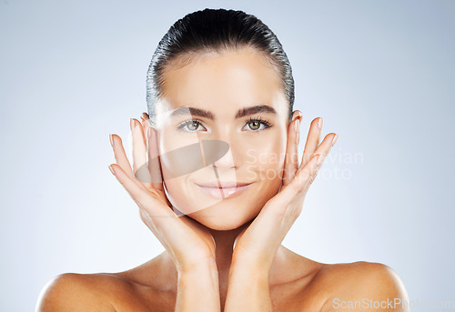 Image of Beauty, woman and clean skincare portrait with smile for hydration, self care and natural glow of people. Dermatology, aesthetic and healthy skin of person on isolated gray studio background.