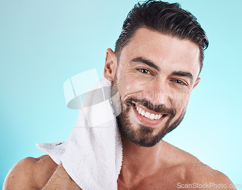 Image of Shower towel, portrait and man cleaning face for morning dermatology treatment, luxury bathroom routine or beauty self care. Spa salon, wellness and model with facial healthcare, skincare and hygiene