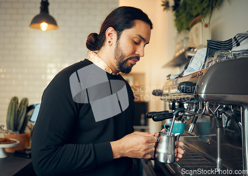 Image of Coffee shop, cafe barista and kitchen machine work for morning espresso in a restaurant. Waiter, milk foam and breakfast latte of a person from Brazil working on drink order service as store manager