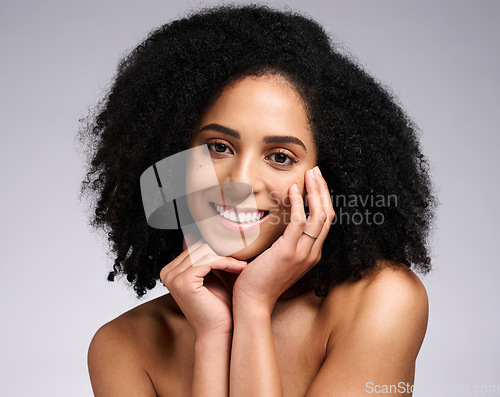 Image of Beauty, skincare and product with portrait of black woman for facial, self care and luxury cosmetics. Spa, hair care and makeup with face of girl model for treatment, natural and wellness in studio