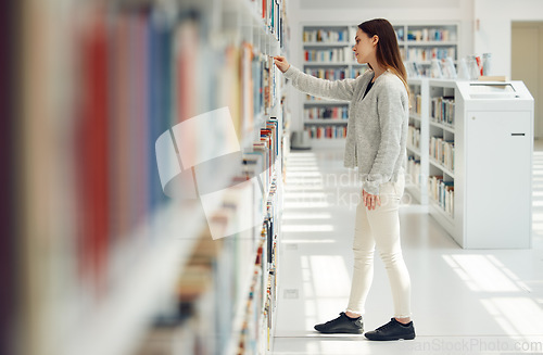 Image of Woman, student and research in library for books, knowledge or learning at bookstore for education. Female looking at bookshelf in study for project, assignment or thesis for college scholarship