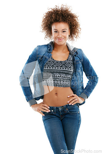 Image of Black woman, smile and standing isolated on a white background in casual fashion with hands on her hips. Portrait of a confident African American woman model, female or person wearing denim clothing