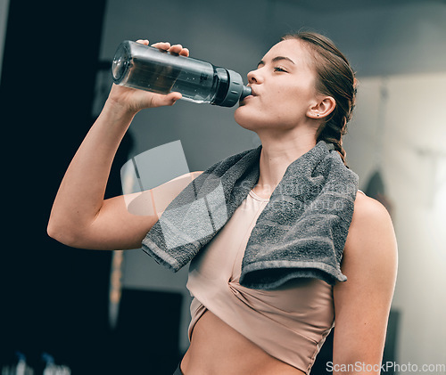 Image of Fitness health, gym and woman drinking water for sports thirst hydration, performance workout or exercise running. Athlete wellness, fatigue and tired girl with liquid bottle drink after training