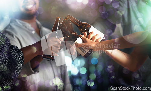 Image of Hands, beer or toast circle in party, nightclub event or bokeh disco for birthday celebration, friends drinks or social gathering. Smile, happy or bonding people with alcohol cheers in diversity