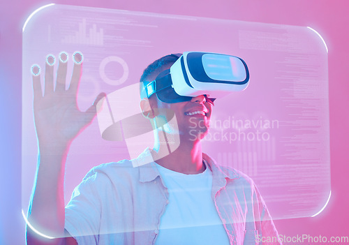 Image of Vr hand, 3d futuristic and man in metaverse exploring a cyber world. Digital transformation, virtual reality and male touching ux button, data overlay or app, interface or software on pink background