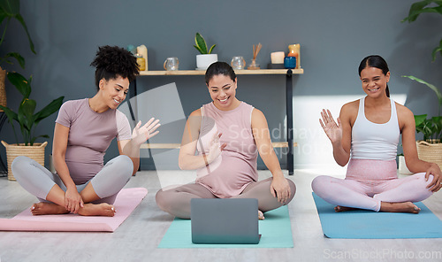 Image of Pregnant, yoga or women in online class on laptop for training, exercise or fitness workout in living room. Pregnancy, video call or healthy friends with a happy smile in maternity training at home