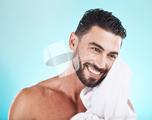 Image of Shower, towel and man cleaning face during morning dermatology treatment, luxury bathroom routine or beauty self care. Spa salon, wellness and model with skincare glow, facial healthcare and hygiene