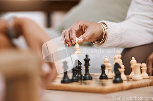 Image of People, playing hands or chess knight on house, home or living room table in strategy board game, checkmate vision or contest. Zoom, women or competition friends and chessboard pawn in mind challenge