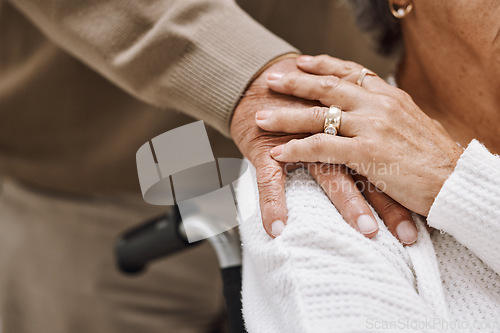 Image of Love, disability and hands of retirement couple with care, gratitude and support in marriage. Unity, respect and senior people holding hands for bonding, appreciation and togetherness zoom.