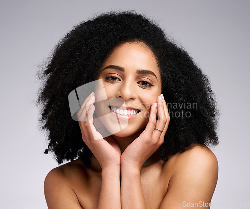 Image of Beauty, skincare and product with portrait of black woman for facial, self care and luxury cosmetics. Spa, hair care and makeup with face of girl model for treatment, natural and wellness in studio
