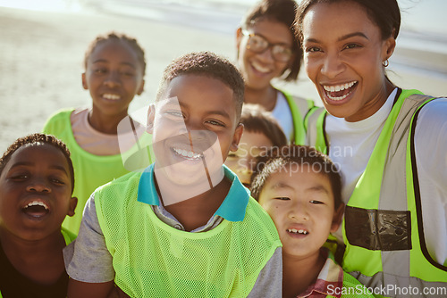 Image of Children, portrait and volunteer with an eco friendly beach cleaning for earth day or environmental sustainability. Charity, kids or face with a group of friends in nature for community service