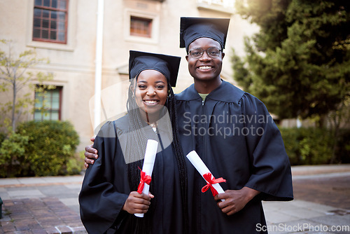 Image of Black people, portrait or graduation diploma in school ceremony, university degree success or college certificate goals. Smile, happy friends or graduate students on education campus for award event