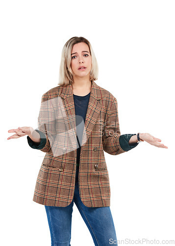 Image of Sad, confused and portrait of girl with shrug for problem, dilemma or unhappy with decision expression. Doubts, uncertain and depressed woman unsure of choice on isolated studio white background.