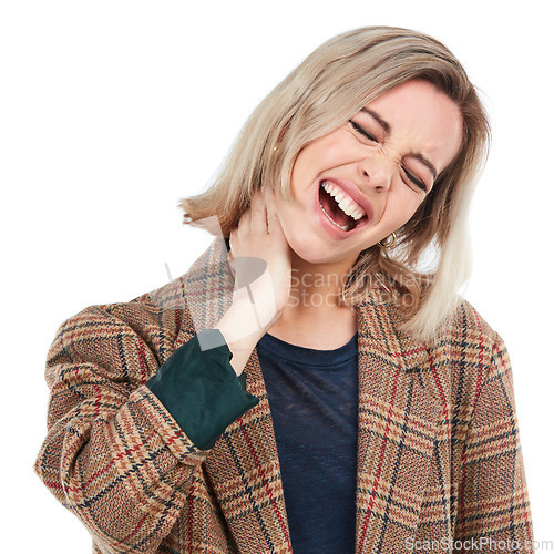 Image of Young woman, neck pain and injury from stress, accident or discomfort against white studio background. Isolated female in agony holding painful neck from muscle, tension or ache on white background