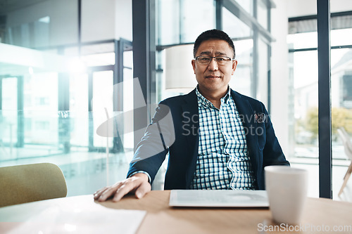 Image of Leadership, mature and asian man in portrait with investment, wealth and business planning at his office. Management ceo, executive or corporate senior manager, person or people with company vision