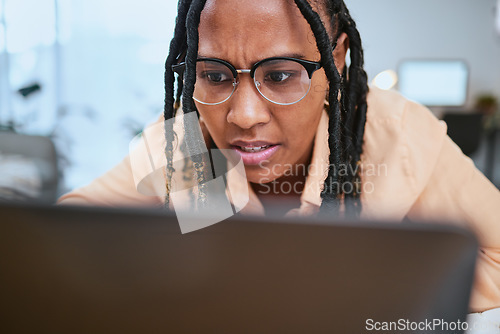 Image of Black woman, laptop stress and reading report problem, network issues or 404 glitch. African girl, thinking and remote web management, website design anxiety or cybersecurity error in home office