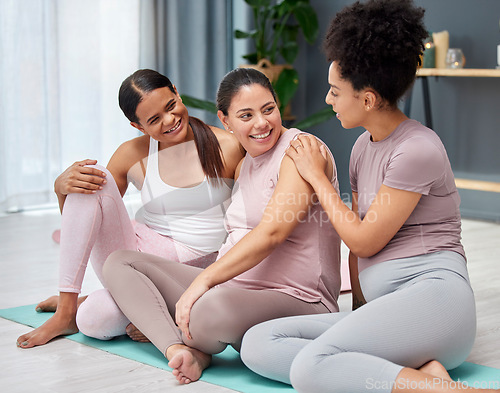 Image of Pregnant, yoga or women talking to relax after exercise, group training or fitness workout together. Pregnancy, bonding or healthy friends with a happy smile in maternity speaking of gossip in studio