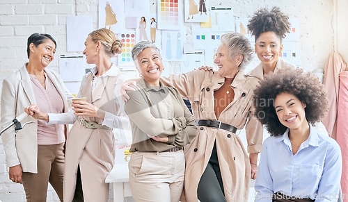 Image of Teamwork, fashion and designer portrait of women in workshop for creative work. Group collaboration, startup and happy senior female tailors in studio boutique with vision, mission or success mindset