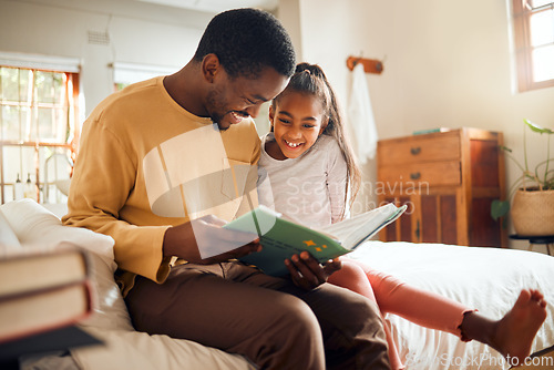 Image of Black family, storytelling father and child for language support, help and learning bonding and love at home. People, person or dad and girl reading book for creative knowledge, education in bedroom