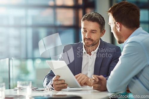 Image of Teamwork meeting, tablet and business people in office workplace. Collaboration, technology and workers, men or employees with touchscreen planning sales, research or financial strategy in company